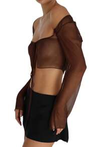 Womens Crop Tops, Long Sleeve Solid Color Tie-Up Cardigan Mesh Sheer T-shirt for Young Ladies - Marrón - Ver 3