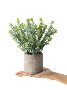 1pc Kunstmatige Vorstwitte Eucalyptus Plantenpot, Echte Touch Nep Plastic Eucalyptus Bladeren En Rozemarijn Bladeren Cluster Pot Groene Plant Nep Pot Met Grijze Papierpulp Pot Kleine Kamerplant Voor Thuis Binnen Plank, Bureau, Thuis Badkamer, Boerderij, Kamer, Tafeldecoratie