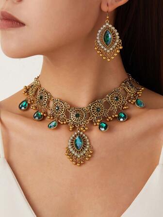 1 件复古眼形流苏吊坠项链，1 对配套眼形流苏耳环，女士珠宝套装