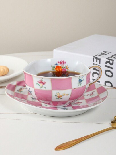 1 Set Ceramic Coffee Cup & Saucer, Creative Checkered Flower Design, Pink/Blue, Suitable For Home, Hotel, Cafe, Office Use