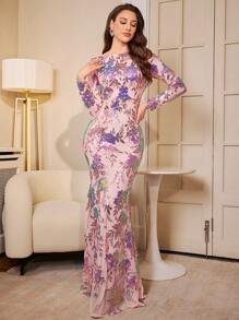 Đầm nữ tay dài thời trang cổ tròn lấp lánh thanh lịch cao cấp, phù hợp cho tiệc tối, tiệc chiêu đãi, đám cưới, váy dự tiệc, váy dự tiệc cưới, váy trang trọng, váy dạ hội - Hồng - Xem 1
