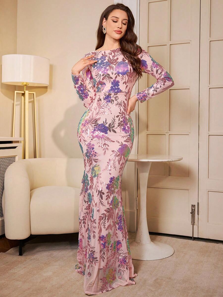Đầm nữ tay dài thời trang cổ tròn lấp lánh thanh lịch cao cấp, phù hợp cho tiệc tối, tiệc chiêu đãi, đám cưới, váy dự tiệc, váy dự tiệc cưới, váy trang trọng, váy dạ hội - Hồng - Xem 1