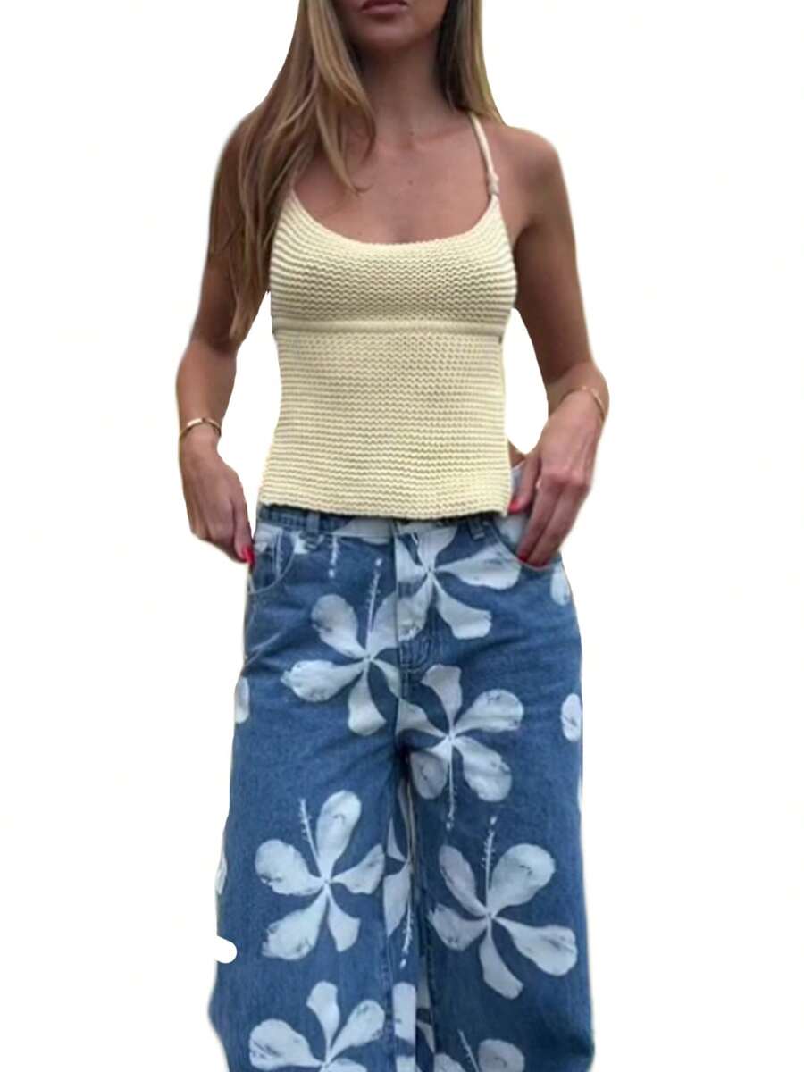 Women's Knit Cami Tops Tie Up Sleeveless Open Back Solid Color Halter Neck Tank Tops - Yellow - View 1