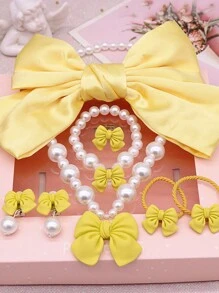 8 件儿童蝴蝶结发夹、发带、仿珍珠项链、手链、耳环、戒指首饰套装，多色，适合女孩的礼物 - 蝴蝶結 - 查看 7