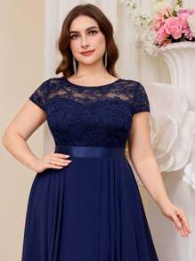 Vestido formal de fiesta de talla grande con encaje floral, contraste de gasa y volantes en el dobladillo - Azul Marino - Ver 9