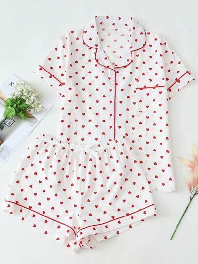2pcs/Set Women's Sweet Heart Print Sleepwear Set, Short Sleeve Button Shirt Top And Shorts, Casual Home Clothes Suit For Spring/Summer,Two Pieces Set