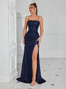Elisanya Sequin Spaghetti Strap Crisscross Waistband Front Slit Backless Tie-Up Party Dress For Women, Elegant Formal Evening Prom Gown, For Wedding Guest,Dinner Formal Dresses,Graduation Dress