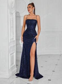 Abito da festa con spalline a spaghetti, vita con incrocio, spacco frontale, schiena scoperta e laccio, elegante abito da sera formale per donna, adatto per matrimoni, laurea, cene