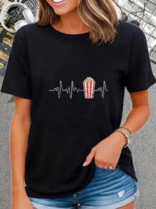 100% Cotton Movie Snack Popcorn Lover Heartbeat Gift Popcorn T-Shirt - Black - View 1