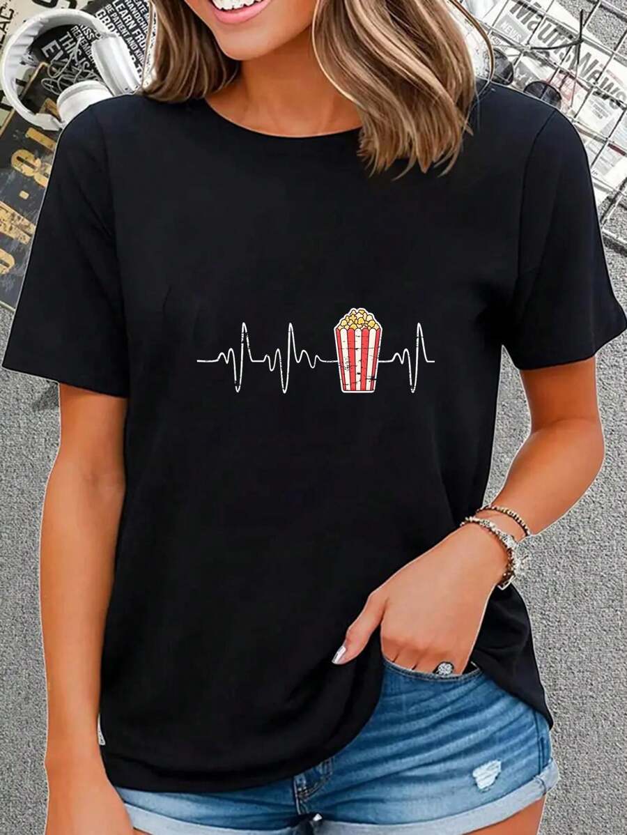 100% Cotton Movie Snack Popcorn Lover Heartbeat Gift Popcorn T-Shirt - Black - View 1