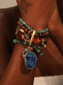 1 قطعة سوار متعدد الطبقات مزخرف بحبات عشوائية من الأحجار والخشب بأسلوب بوهيمي، مناسب للنساء في الحفلات المسائية والعطلات والشاطئ والاستخدام اليومي - متعدد الألوان - مشاهدة 3