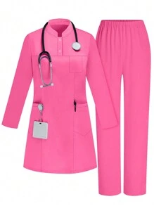Stand Collar Zipper Hidden Uniform Scrub Set - Pink - View 1