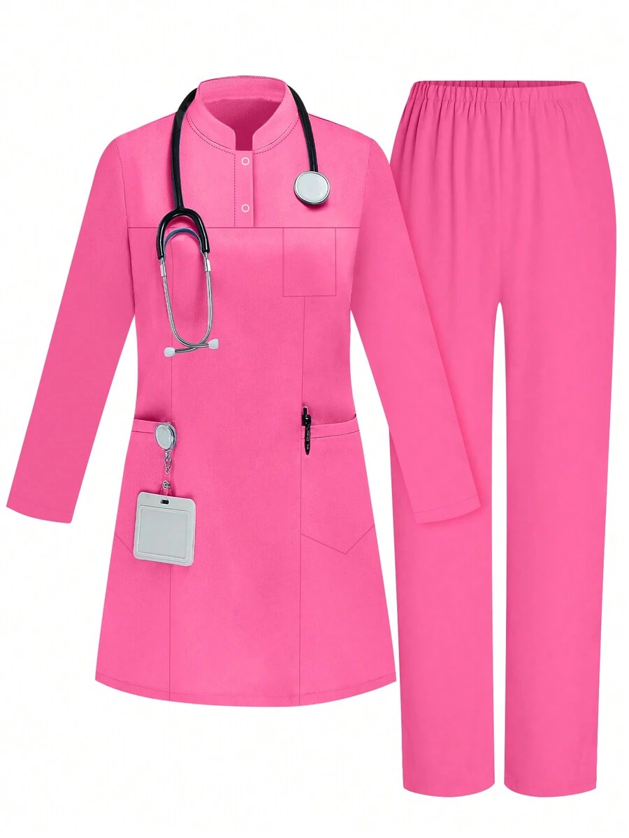 Stand Collar Zipper Hidden Uniform Scrub Set - Pink - View 1