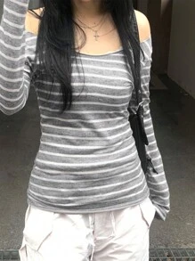 Women's Off Shoulder Tops Slim Striped Long Sleeve Casual T-Shirt For Fall Streetwear