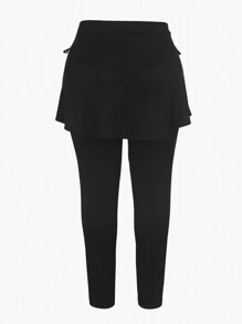 Plus Size Women's Asymmetrical Hem Black Skirt With Waist Drawstring, Suitable For Pairing With Leggings And Pants, Mother's Day Gift