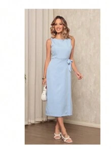 L120 Vestido Midí Feminino Elegante de Alfaiataria com laço fenda na parte de trás - Azul bebê - Visão 3