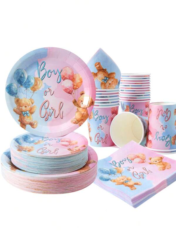 Platos, servilletas y vasos desechables con diseño de oso de peluche, para 25 invitados, suministros de fiesta de papel desechable adecuados para fiesta de cumpleaños, revelación de género, picnic familiar