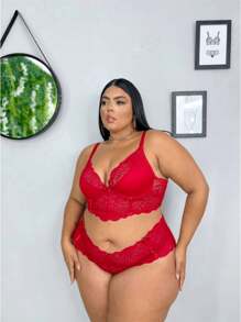 Conjunto De Lencería Plus Size Con Tirantes Reforzados, Croped Y Caleçon Plus Size - Burdeos - Ver 1