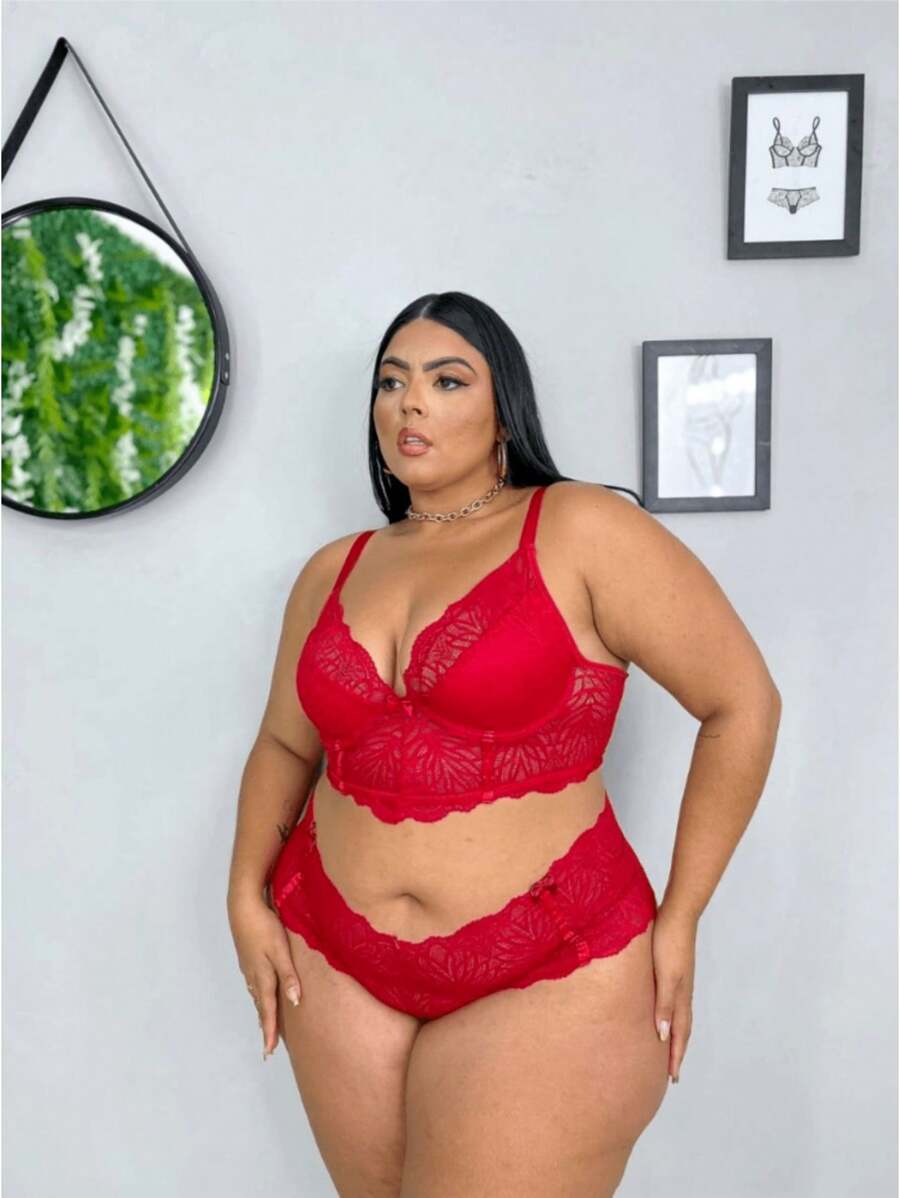 Conjunto De Lencería Plus Size Con Tirantes Reforzados, Croped Y Caleçon Plus Size - Burdeos - Ver 1