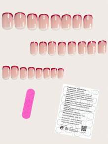 Instantly Upgrade Your Look With 24pcs Medium Square Press On Nails Classic Vintage Burgundy French Fake Nails Fashion Daily Bordeaux Red Narrow Edge French Wear Nail Set Full Cover Fake Nails For Women And Girls Includes 1 Sheet Adhesive Tabs & 1 Pc Mini File Strip Jelly Gel Random Shipment