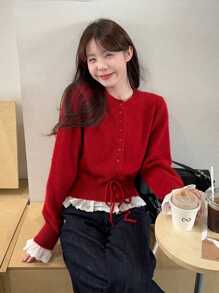 针织毛衣，正面饰有荷叶边，长袖衬衫，甜美设计，适合新年