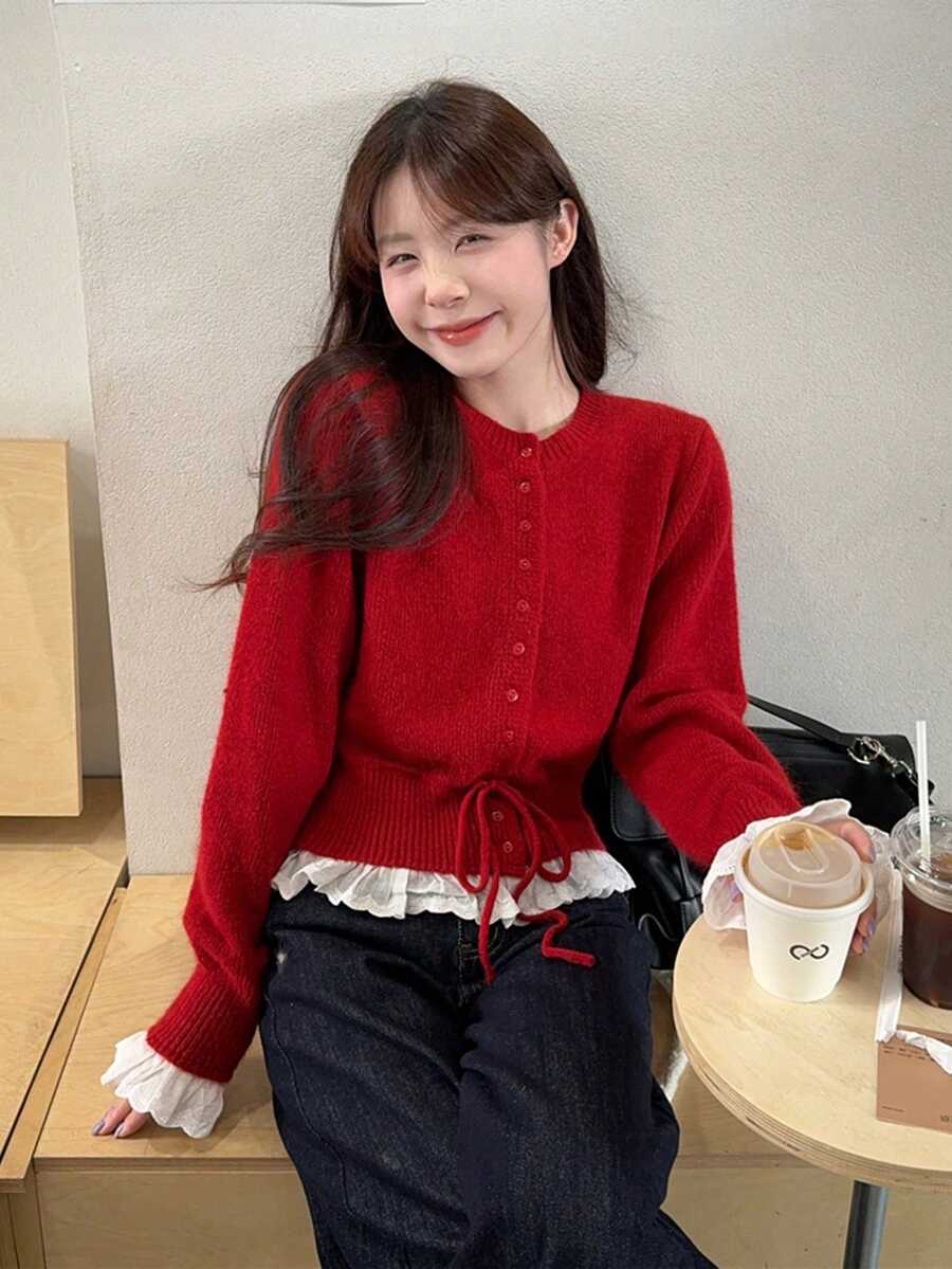 针织毛衣，正面饰有荷叶边，长袖衬衫，甜美设计，适合新年