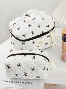 Lovely Polka Dot & Bow Knot Pattern Makeup Bag Large Capacity Quilted Cosmetic Storage Bag With Handle Make Up Organizer Cute Bow Knot Design Makeup Pouch Skincare Bag For Woman Travel Toiletry Bag Small Bow Pencil Case Coin Purse Makeup Bag Set For Wedding Bridesmaid Gift ,Mom Gifts, Birthday Gifts,Gifts For Friends And Teachers, Home Decor, Bathroom Living Room