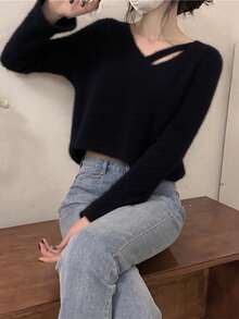 纯色不对称 V 领喇叭袖毛衣、长袖上衣 - 黑色 - 查看 4