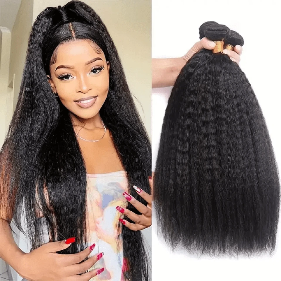 BINF 1/3 Bundles Kinky Straight Peruvian Hair Weave Bundles Virgin Remy Hair Extensions For Women Kinky Straight Human Hair 28 30 Inch Bundles Thick End - Natural Black - Xem 1
