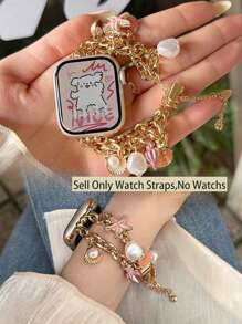 1pc Compatible With Apple Watch Bracelet Apple WatchBand Women's Exquisite Pendant Bracelet Gold Compatible With Apple Watch Strap 38/40/41/42/44/45/46/49mm Ultra 2/1 Marine Metal Bracelet With Pink Starfish, Pearl Conch And Shell Pendant Bohemian Holiday Style Creative Dopamine Color System Is Suitable For Apple Watch Series 9/8/7/6/5/SE4/3/2/1. Apple Watchband Accessories