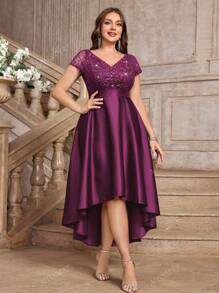 Plus V-Neck Lace Sequin Insert Contrast Satin High Low A-Line Hem Evening Party Formal Dress