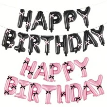 蝴蝶结生日快乐气球横幅套装，粉色和白色字母气球，带蝴蝶结装饰，铝膜，适合 14 岁以上儿童，用于派对装饰