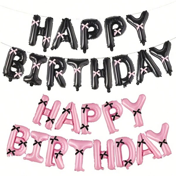 Bow Happy Birthday Balloon Banner Set, Pink And White Letter Balloon With Bow Accents, Aluminum Film, Suitable For Ages 14+, For Party Decorations