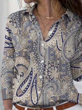 Plus Size Bohemian Paisley Printed Long Sleeve Button-Up Shirt