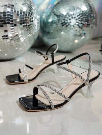 Women's Fine Heel Sandals, 2024 New Summer Open Toe Kitten Heel Strap Slippers, Suitable For Dress, Elegant Block Heel Sandals