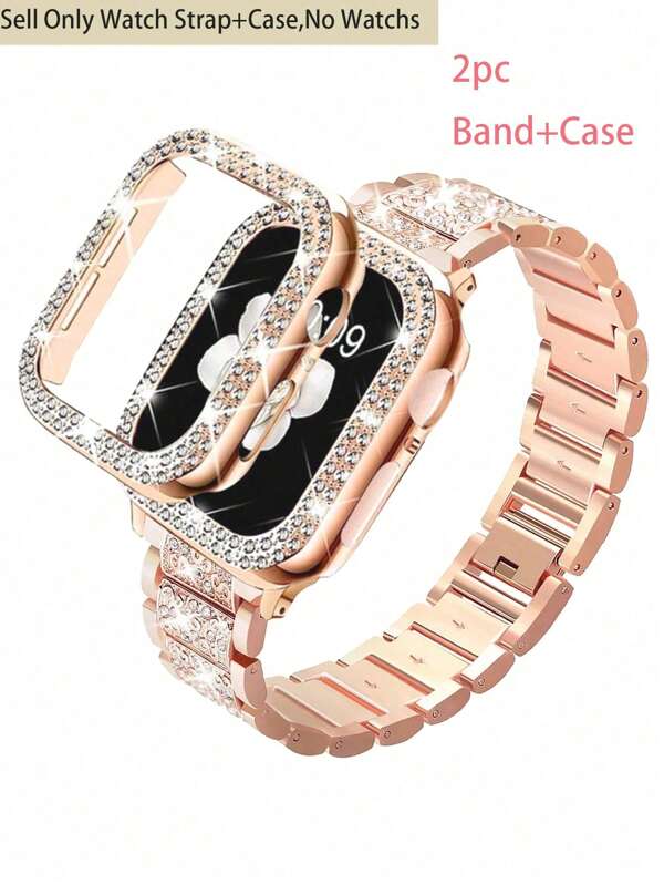2pcs/Set Rose Gold Band + Rhinestone-Studded Protective Case, Compatible With 40mm, 44mm, 41mm, 38mm, 42mm, 44mm, 45mm, 46mm Series 10 9 8 7 6 5 4 3 2 1, Watch Band For Women