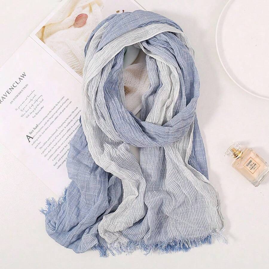 Soft Winter Men Scarf Cotton Linen Yarn-Dyed Long Shawl Bufanda - Blue - View 1