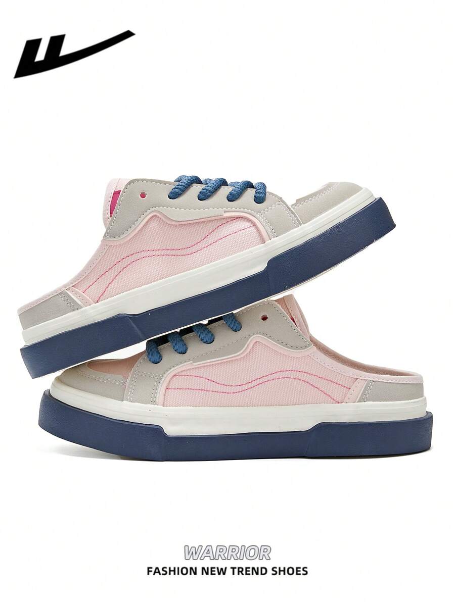 WARRIOR 女式帆布一脚蹬运动鞋，系带设计，厚底，增高，滑板鞋，低帮户外平底鞋，秋季休闲鞋，经典款式，复古细节，舒适时尚