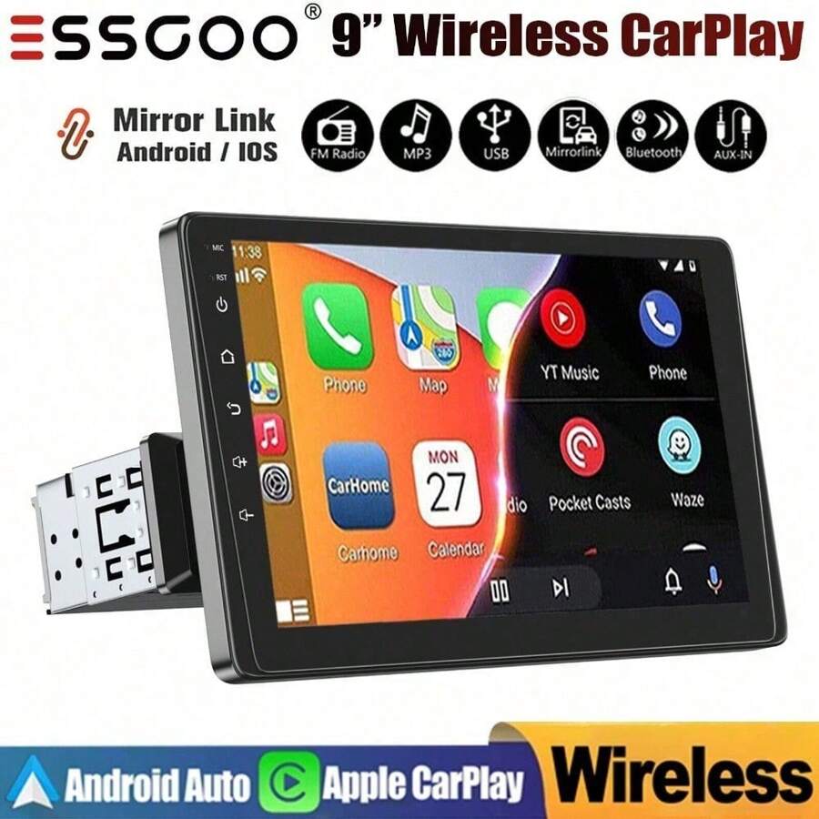 ESSGOO Sing Din Car Stereo with Wireless Carplay and Android Auto