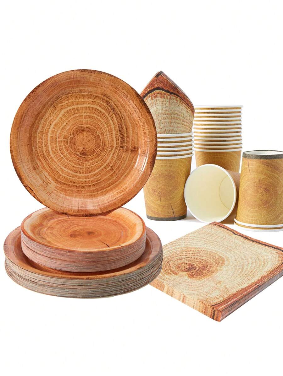 1 套原木形一次性盘子、餐巾和杯子，可供 25 位客人使用，适合生日派对、家庭野餐和其他活动 - 彩色 - 查看 1