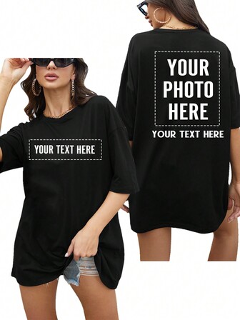 Customized Women Loose T-Shirt For Christmas, Personalize With Your Text/Photo, Name/Text/Blessing, Birthday/Valentine's Day/Anniversary/Christmas Custom, Upload Your Photo/Friend/Family/Landscape, Black Top, Women Oversized Short Sleeve T-Shirt, Valentine's Day Custom, Holiday Gift, Summer Clothing, Christmas Outfit, Spring Women's Wear, Ladies Top, Best Friend Gift, Anniversary Gift, Party Gift, Basketball Uniform