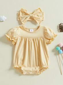 Baby Girl Summer Outfits Short Puff Sleeve Round Neck Solid Color Romper With Headband Set Newborn Clothes - Yellow - View 3