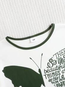 2pcs/Set Teen Girls White Letter & Butterfly Print Short Sleeve Pocket Mini Skirt Suit - White - View 3