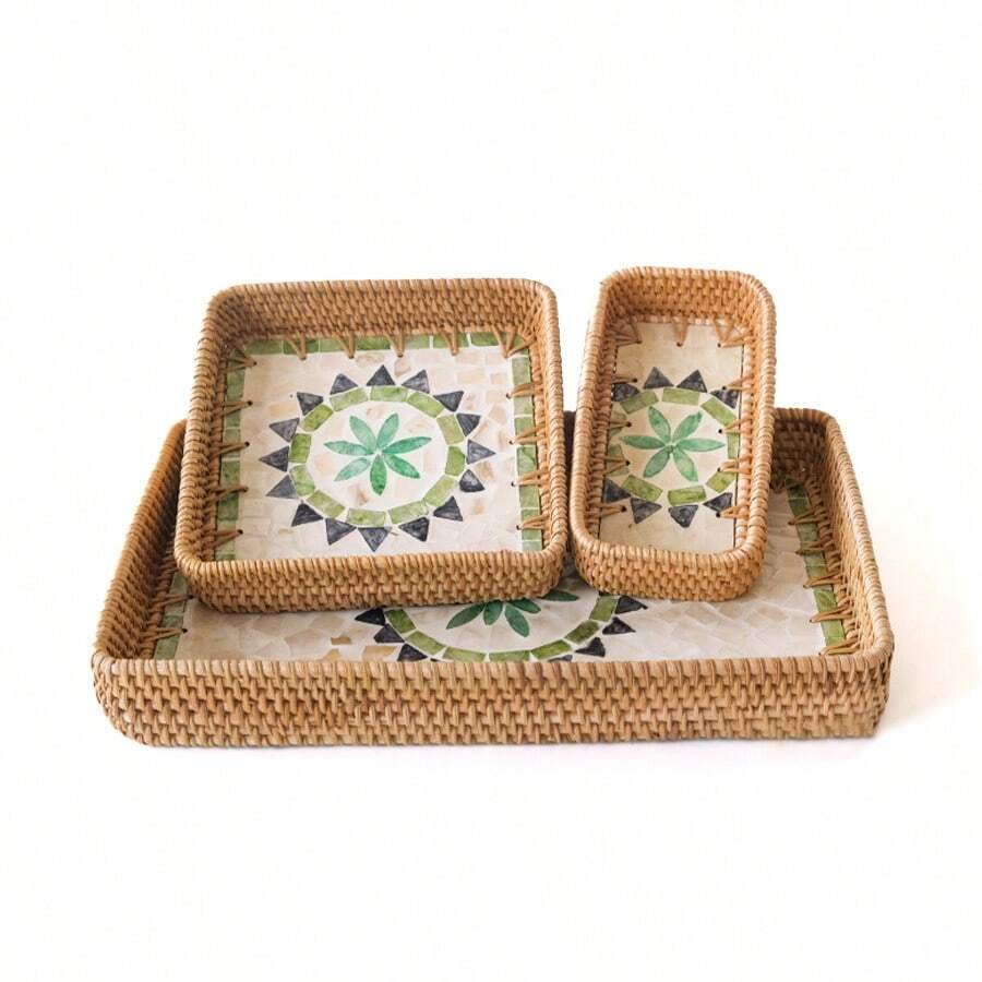 1 pieza Bandeja/Organizador cuadrada multiusos de ratán tejida a mano en estilo bohemio, adecuada para restaurante/picnic al aire libre, almacenamiento en el hogar, decoración de bodas, plato de frutas