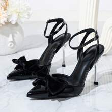 Women's Silver High Heel Pointed Toe Velvet Bowknot Backstrap Patent Leather Slip-On Pumps, Elegant Office Commute Sexy Dress Shoes