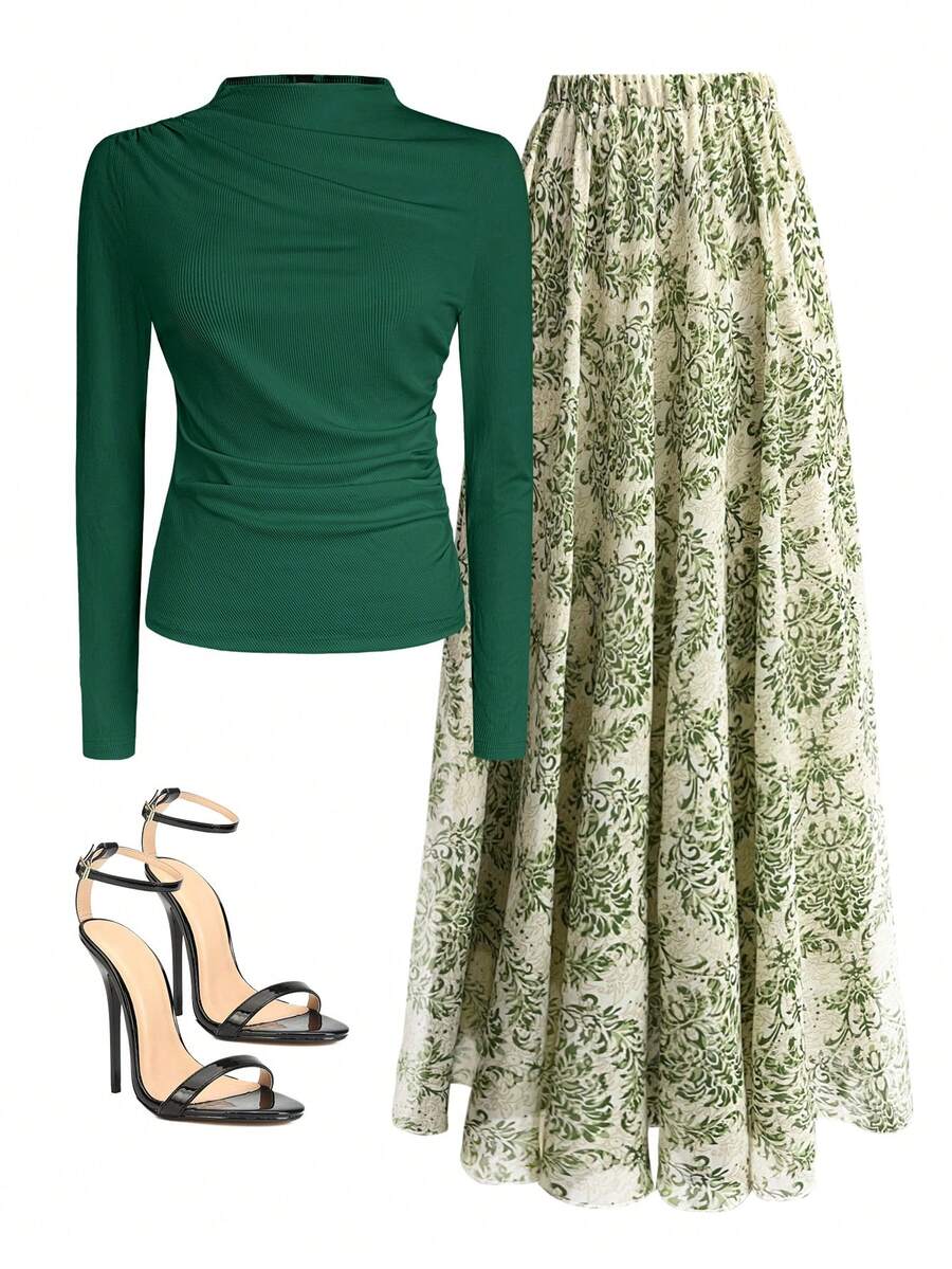 2pcs/Set: Fitted Solid Stand Collar Long Sleeve T-Shirt + Patterned Print Skirt - Green - View 1
