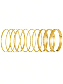 10pcs Gold Tone Bangle Set, Boho Vintage Style Accessories, Performance Jewelry - Gold - View 3