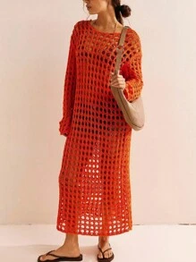 Women's Crochet Bikini Cover-Up Solid Hollow Out Long Sleeve Open Back Loose Long Dress