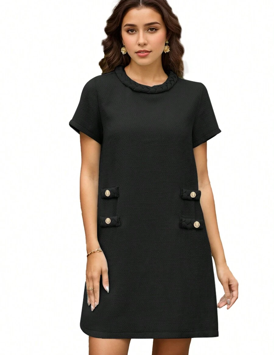 hoteel Elegant  Old Money Style Duffel Straight Dress, Crew Neck Short Sleeves Short Dress, Woman's Clothing - Black - View 1