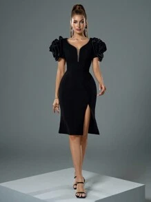 Fuaheng Women's Luxury Handmade Sweetheart Collar Ruffled Sleeve Waist Fitted Bodycon Dress, Black, Elegant Evening Gown, Party Dress, Wedding Guest Dress, Prom Dress, School Clothes - Black - View 2